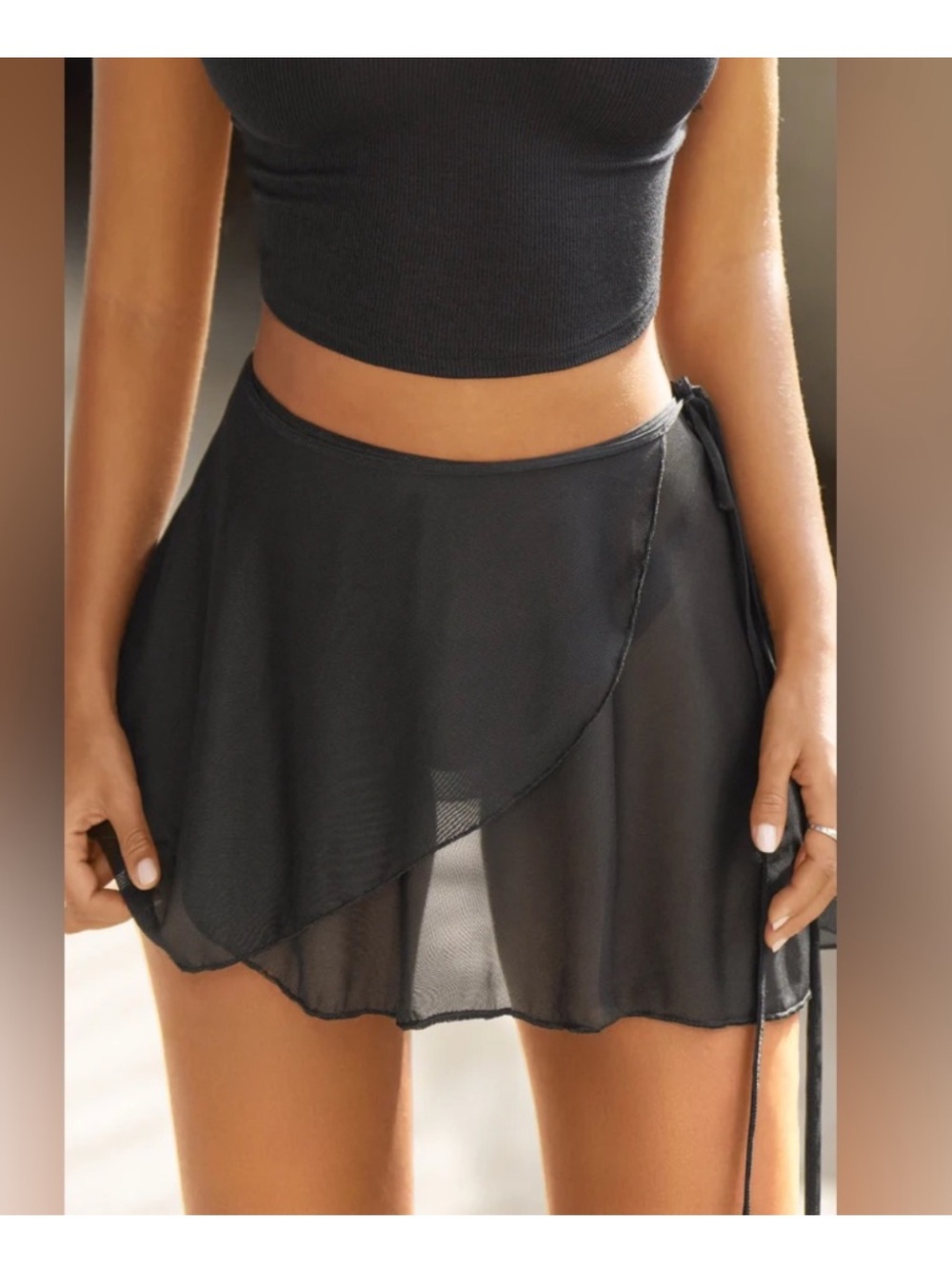 Joah Brown Black Sheer Wrap Mini Skirt